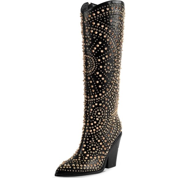 ⚡Women's Black Pointed Toe Chunky Heel Boots Knee High Luxurious Studded - Picture 1 of 9